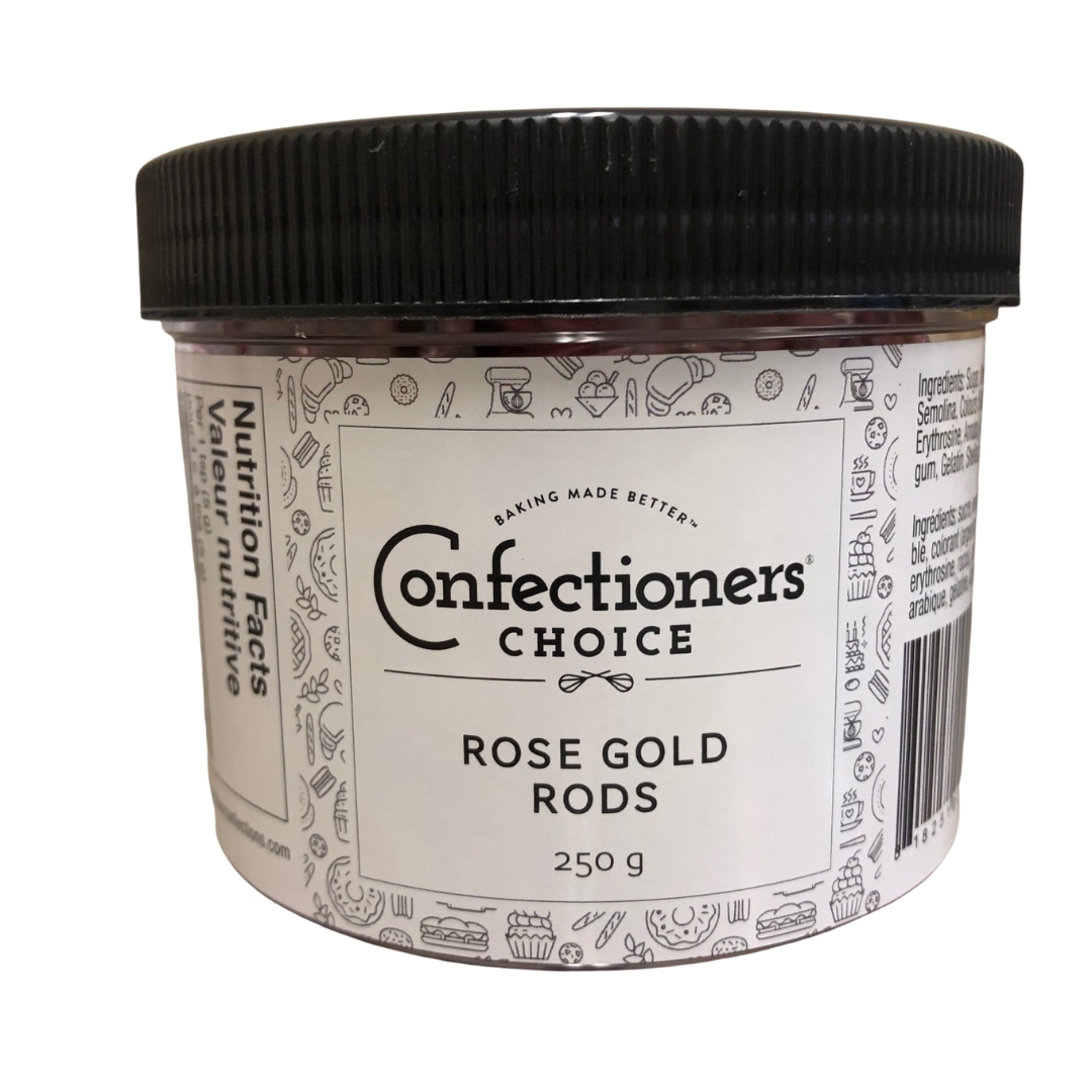 Rose Gold Macaroni Rods - 250 Gram Jar by Confectioners Choice